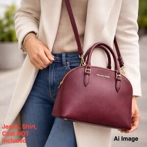 Michael‎ Kors Burgundy Saffiano Dome Satchel Crossbody Shoulder Bag Minimalist